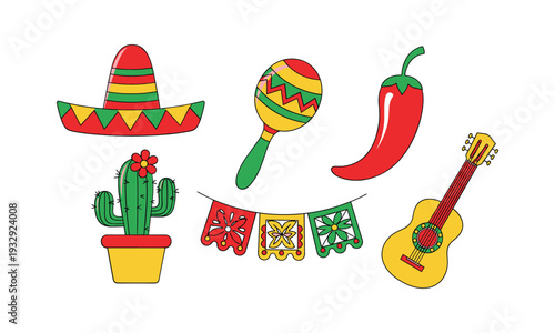 Mexican culture vector symbols with sombrero cactus guitar maraca bunting and chili vector
