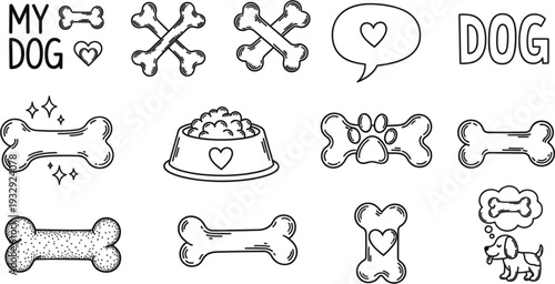 Cute dog bone sticker set with pet bowl paw print and puppy icons in hand drawn line art style for pet shop branding and animal lovers.