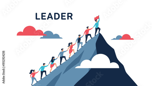 Motivated team of people helping each other to climb a steep mountain with a leader at the top holding a red flag.