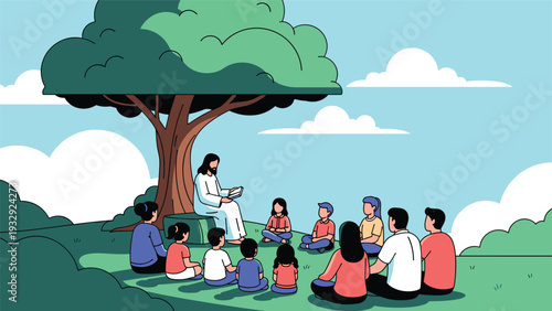 Religious illustration of Jesus Christ sitting under a large tree and teaching a group of diverse children in a park.