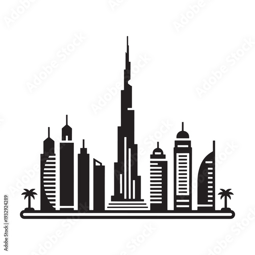 Stylized black and white cityscape featuring a prominent skyscraper