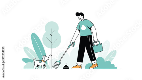 Responsible pet owner using a scooper and bucket to clean up his dog's waste in a public park area to keep the environment clean.