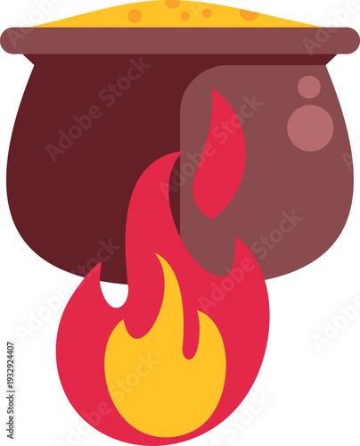 Cauldron with liquid boiling over a burning fire on a white background