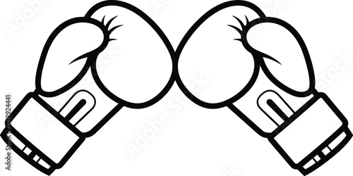 Black and white boxing gloves illustration with bold outlines symbolizing confrontation, competition, sportsmanship, and combat sports unity
