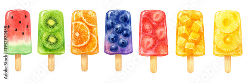 A charming watercolor collection of fruit popsicles, including watermelon, strawberry, blueberry, kiwi, orange, mango, and pineapple.