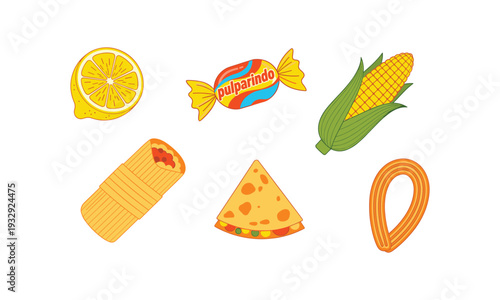 Mexican snack collection including lemon pulparindo candy corn on cob and quesadilla vector