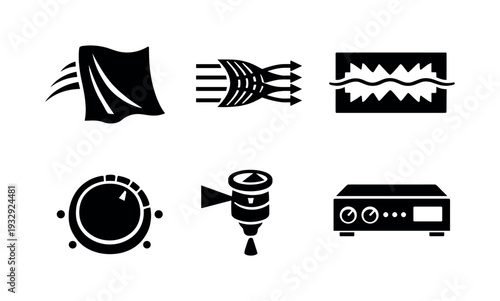 Solid vector icons of photonic cloaking surfaces: cloaking fabric panel, light-guiding array, scattering-suppression frame;