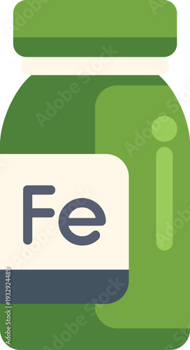 Green bottle containing an iron supplement with the chemical symbol fe on its label