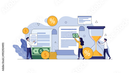 People managing finances with coins, documents, and an hourglass representing the relationship between money and time.
