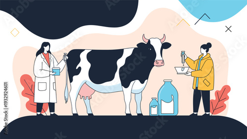 Two female scientists or veterinarians in a lab coat and winter coat conducting tests or milking a large black and white cow.