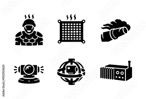 Solid vector icons of infrared-camouflage military systems: adaptive camo armor, heat-distribution mesh, IR-suppressing exhaust;