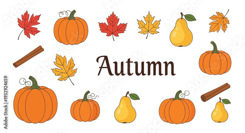 Autumn illustration pumpkins leaves and pears