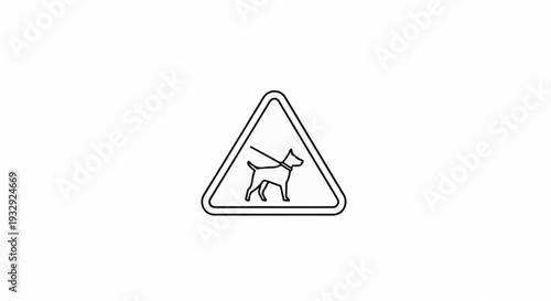 A black and white outline drawing of a dog on a leash within a triangle