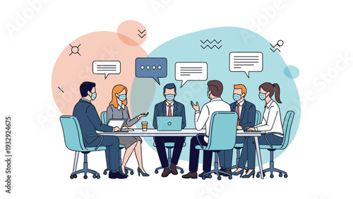 Group of business professionals wearing face masks while having a meeting around a conference table in an office setting.