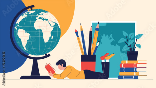 Young student lying on the floor and reading a red book next to a large globe, pencils, and stacks of textbooks.