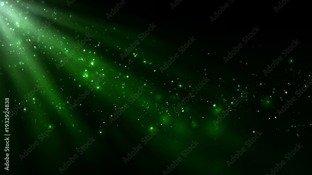 Obraz premium Green light rays illuminating glowing magical particles and glitter on a dark abstract background with copy space creating a shimmering effect