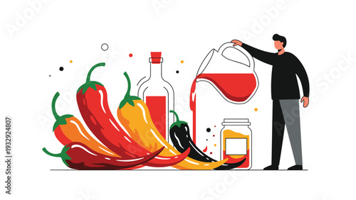 Man preparing or presenting a variety of colorful chili peppers, hot sauce bottles, and spice jars in a clean illustration.