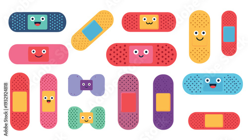 Large collection of colorful and cute adhesive bandages with happy faces and various patterns like dots and stripes.