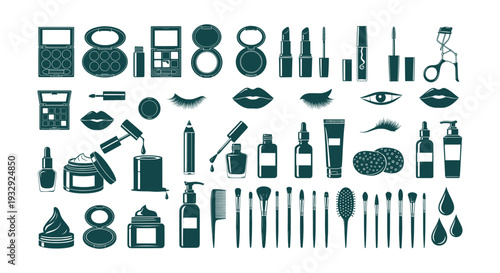 Detailed Makeup Beauty Cosmetics Products Vector Icons Set Collection Glamour Essentials