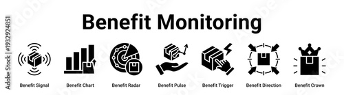 Benefit Monitoring web banner icon vector illustration concept for business with icon of Benefit Signal, Benefit Chart, Benefit Radar, Benefit Pulse, Benefit Trigger, Benefit Direction.