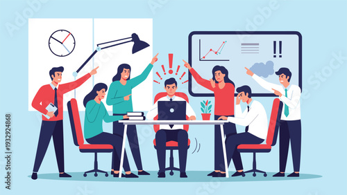 Frustrated office worker being yelled at by coworkers in a stressful workplace environment during a group meeting.