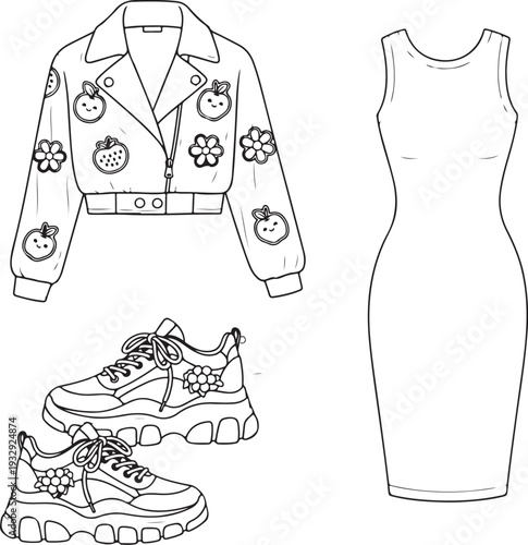 Fashion sketch featuring a jacket dress and sneakers with fruit motifs