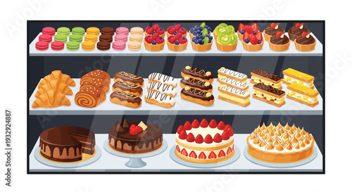 Bakery display illustration with cakes and pastries