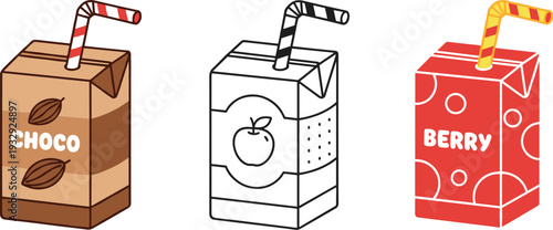 Three colorful juice boxes with straws representing choco, apple, and berry flavors through creative packaging, design, and branding