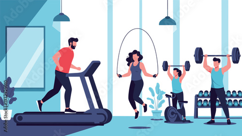 People exercising in a modern fitness gym using a treadmill, jumping rope, riding a stationary bike, and lifting heavy weights.