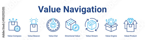 Value Navigation web banner icon vector illustration concept for business with icon of Value Compass, Value Beacon, Value Dial, Directional Value, Value Stream, Value Engine.