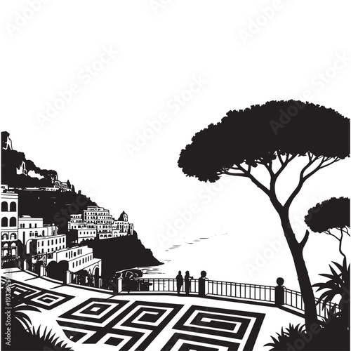 Stylized black and white illustration of a coastal town and trees