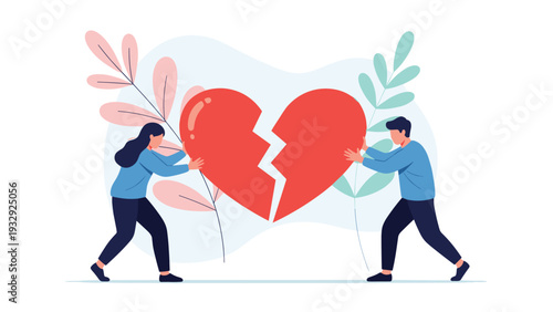 Couple working together to mend a broken red heart symbolizing reconciliation, relationship healing, and mutual forgiveness.