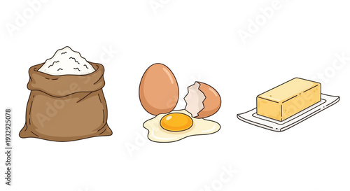 Baking ingredients illustration flour egg and butter