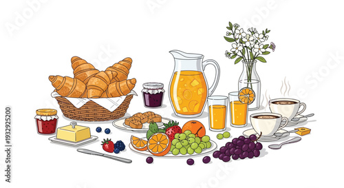 Breakfast food illustration with croissants and juice