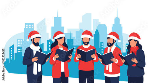 Group of cheerful Christmas carolers wearing Santa hats and scarves singing from songbooks in front of a blue city skyline.
