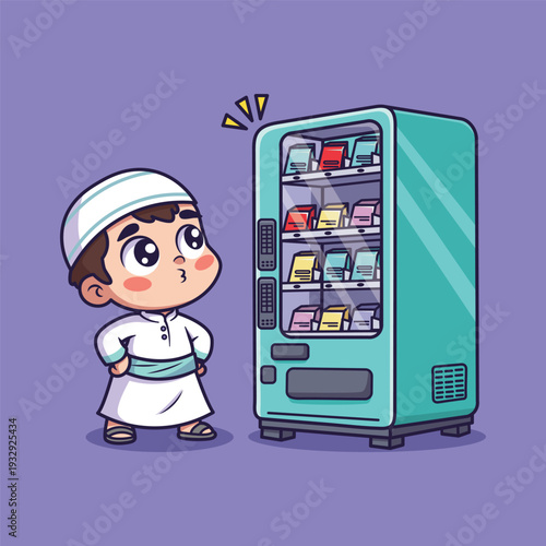 Cute Vector Muslim Boy at Vending Machine Cartoon Religious Ramadan Illustration