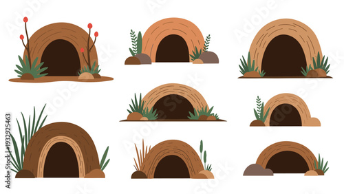 Various styles of animal burrows and dens nestled in the ground surrounded by rocks and green plants on a white background.