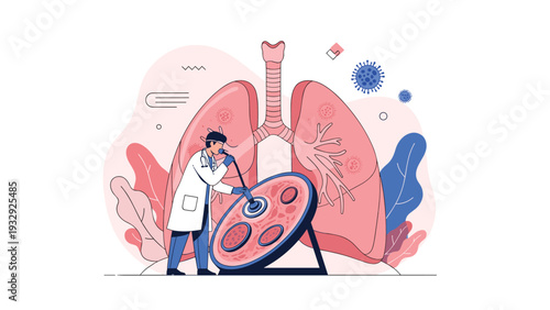 Medical illustration showing a doctor examining human lungs with a magnifying lens and stethoscope to check for infections.