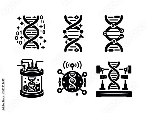 Solid vector icons of DNA-encoded secret messages: encrypted bases cluster, alternate coding motif, logic-formatted helix;