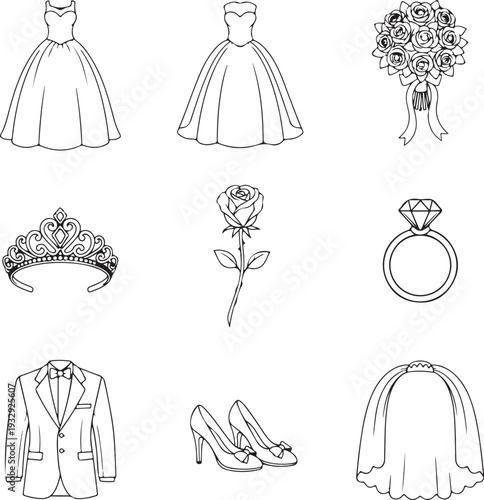 Wedding dress and accessories line drawings