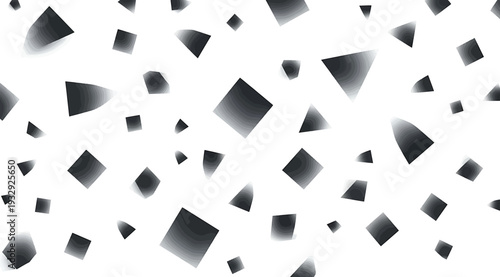 Confetti shapes falling down on isolated white background with various grey shadows