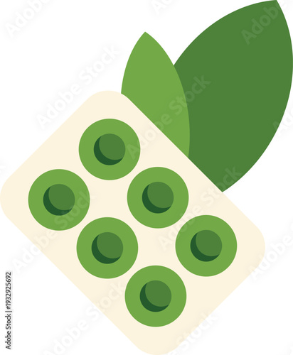 Green pills in a blister pack with leaves, representing natural healthcare