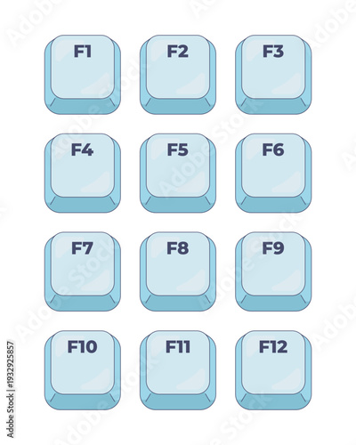 F1-F12 function keys computer keyboard shortcut set. System controls. Commands layout. Input hardware. Hotkey combo buttons for pc and laptop. Fast software efficiency. Flat vector illustration