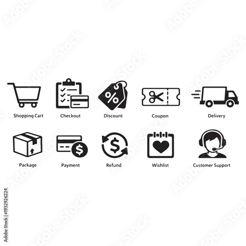 Flat E-Commerce Icon Set – Shopping, Payment, Delivery, and Support Vector Icons