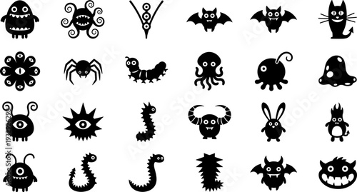 Cartoon monster silhouette icon set, fantasy creatures, alien animal designs, spooky character illustration, creative storytelling concept, black imaginative vector graphics