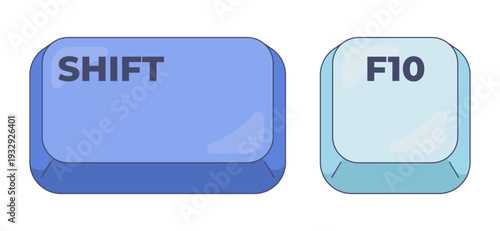 Shift F10 computer keyboard shortcut. Context menu. Alternative to right mouse click. Accessibility tool. Hotkey combo buttons for pc and laptop. Fast software efficiency. Flat vector illustration