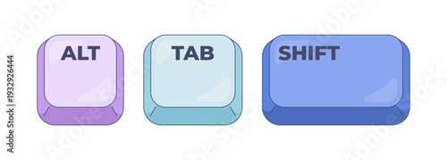 Alt Tab Shift computer keyboard shortcut. Navigate open windows in reverse order. Cycle through applications backward. Hotkey combo buttons for pc. Fast software efficiency. Flat vector illustration