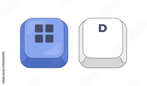 Super key D letter computer keyboard shortcut. Show desktop. Minimize all windows. Workspace access. Hotkey combo buttons for pc and laptop. Fast software efficiency. Flat vector illustration