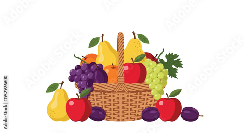 Fresh fruit basket illustration with apples and grapes