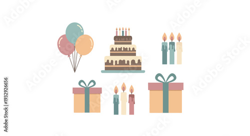 Birthday celebration illustration with gifts and cake